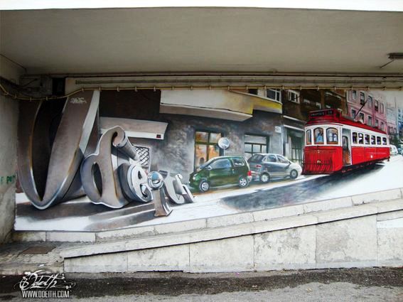 Solid-Graffiti-Letters-and-Traditional-tourists-Lisbon-red-Tram-Mural-Odeith-Lisboa-Portugal